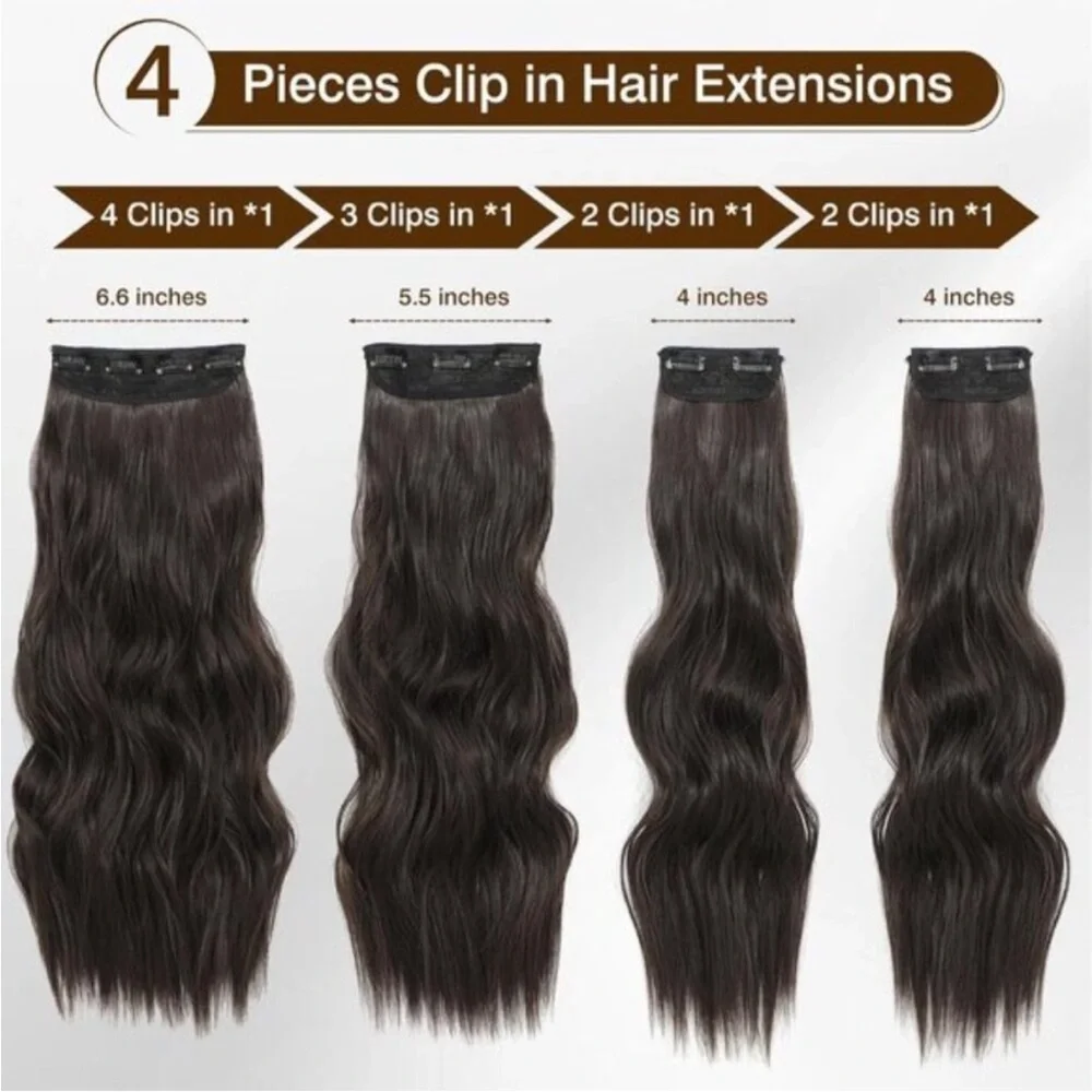 New Clip-in Hair Extensions Dark Brown 4PCS Long Wavy Soft Thick